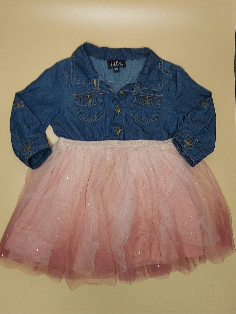 lilt Girls' Blue Denim Top with Pink Ombre Tulle Skirt